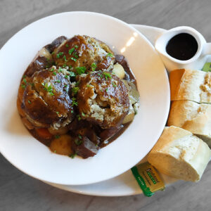 Beef Stew and Dumplings served with Crusty Bread at Quarr Abbey